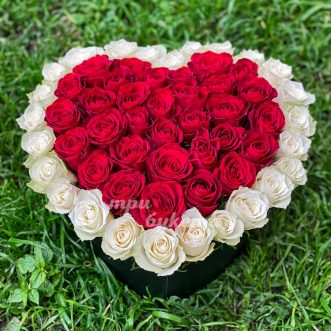 Коробка-сердце красных и белых роз